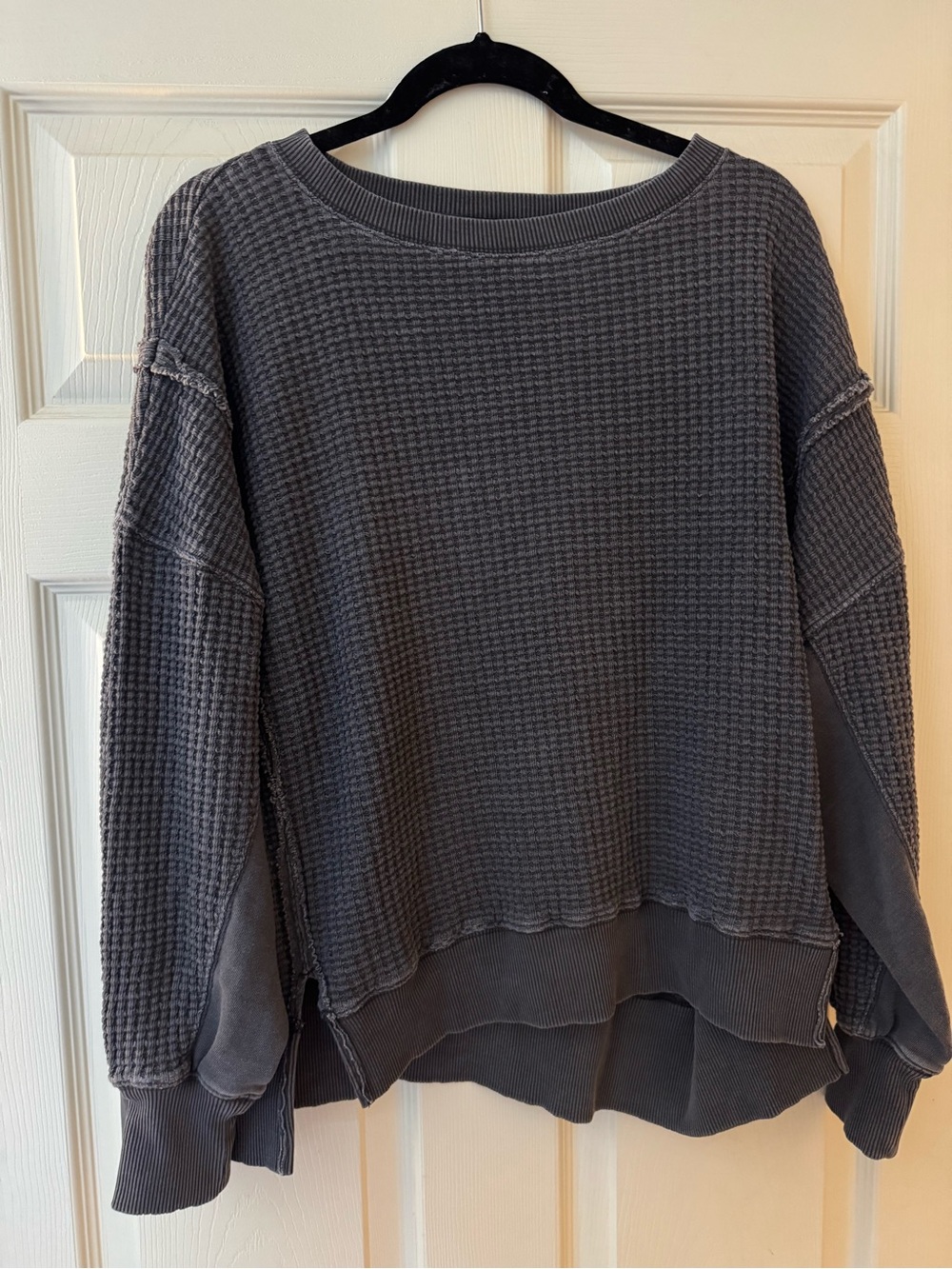 American Eagle This Feels Seriously Lived In  Charcoal Waffle-Knit Crewneck